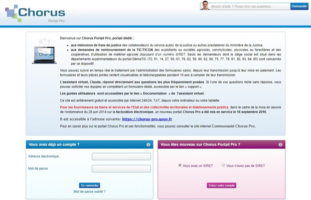 Site de l'État qui permet la transmission des factures vers la Ville de Nevers Chorus Portail Pro