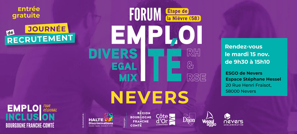 © Halte Discrimination La première édition neversoise du Tour régional Emploi & Inclusion se tiendra mardi 15 novembre à l'ESGO - Espace Stéphane-Hessel.